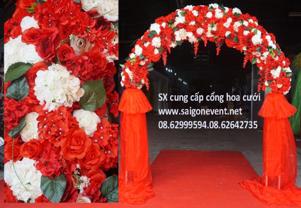 Cổng cưới chân voan màu trắng đỏ