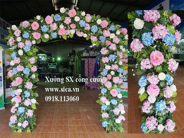 Cổng hoa cưới khung mái nhà kết hoa Cẩm Tú Cầu